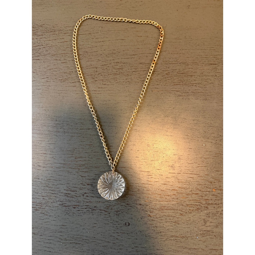 Vintage Silver Tone Curb Chain Necklace Clear Starburst Glass Crystal Pendant